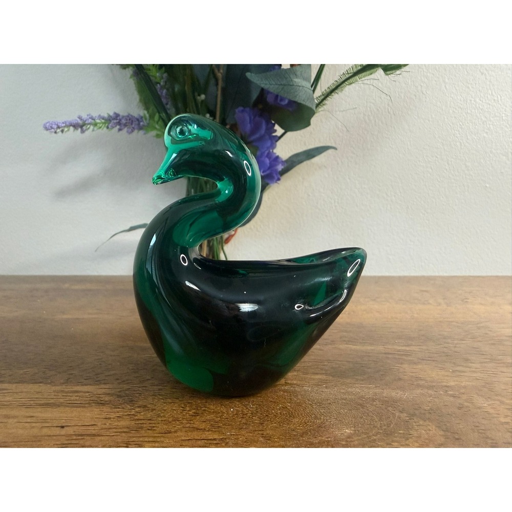 Vintage Emerald Green Art Glass Swan‎ Figurine Murano Style Bird Sculpture Decor